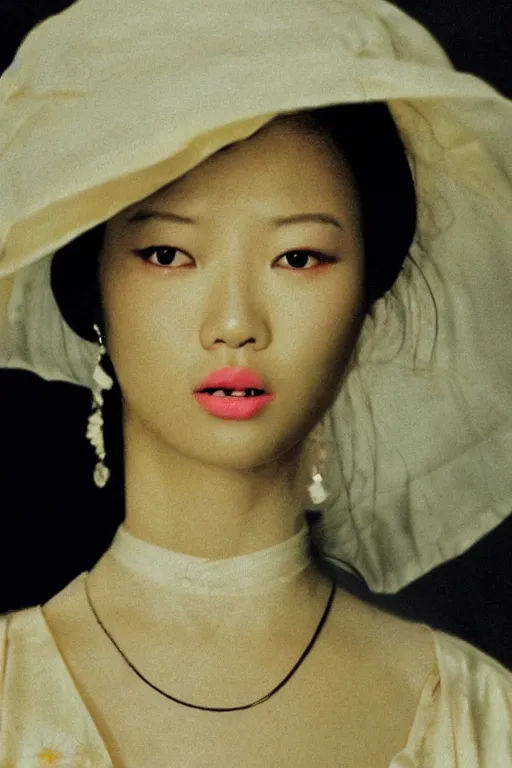 Image similar to hyperrealism close-up fashion asian woman portrait by Terry Richardson photo from The Holy Mountain by Alejandro Jodorowsky in style of Francisco Goya