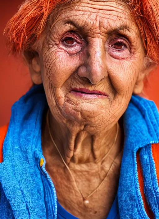 Prompt: Mid-shot portrait of a 65-year-old woman from Cyprus, happy, strong blue and orange colors, candid street portrait in the style of Martin Schoeller award winning, Sony a7R