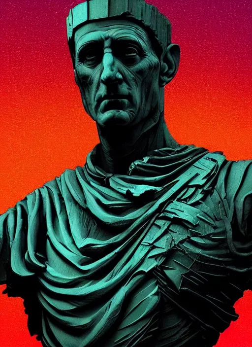 Prompt: statue of julius caesar, beeple, android jones, dan mumford, vaporwave, retrowave, black background, neon wiring, black, glitch, strong contrast, cuts, pinterest, trending on artstation