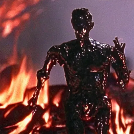 Image similar to Liquid metal T-1000 emerging from a burning fire, movie still from Terminator 2: Judgement Day