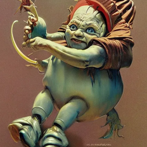 Image similar to munchkin from the wizard of oz, by lawrence alma-tadema and zdzislaw beksinski and norman rockwell and jack kirby and tom lovell and greg staples, artstation creature art