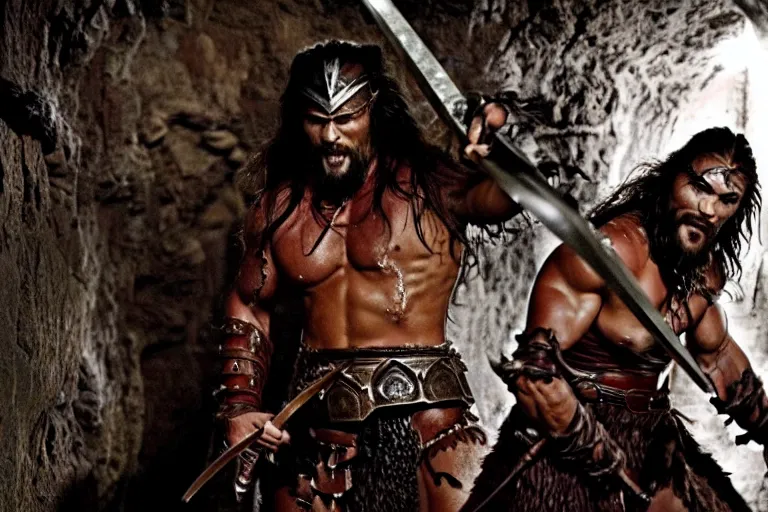 Image similar to film still from conan the barbarian, jason momoa as conan holding a giant sword with both hands above his head, in the catacombs of evil, fantasy armor, volumetric lighting, mist, wet skin and windblown hair, muscular!!!, heroic masculine pose, ridley scott