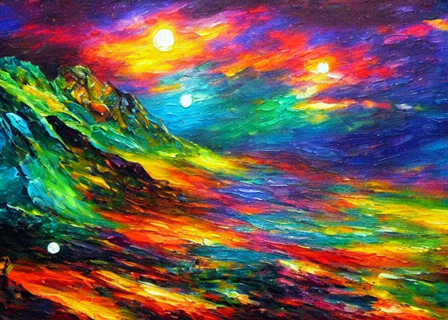 Image similar to beautiful alien landscape, colorful oil painting