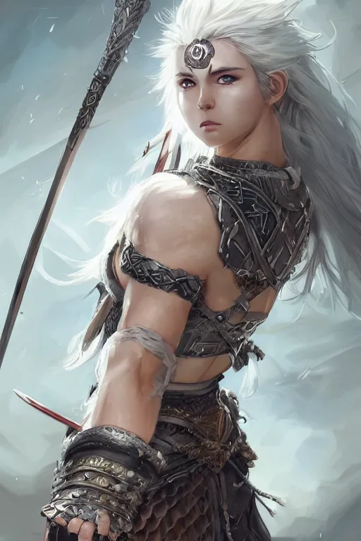 Image similar to A realistic anime portrait of a beautiful white haired female barbarian wearing an intricate viking armor, digital painting, by Stanley Artgerm Lau, Sakimichan, WLOP and Rossdraws, digital painting, painterly, Pixiv, Deviantart, golden ratio, rule of thirds, good composition, HD, 8k, award winning, promo art, splash art, rpg, jrpg, dungeons and dragons, DND, trending on ArtStation