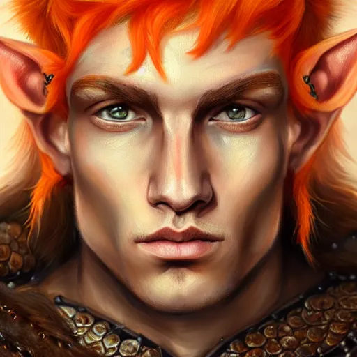 Prompt: portrait painting of an elven young man with short light orange hair and tribal tattoos on his face wearing fur armor, sharp focus, award - winning, trending on artstation, masterpiece, highly detailed, intricate. art by merwild and ernesto irawan and rachel denton