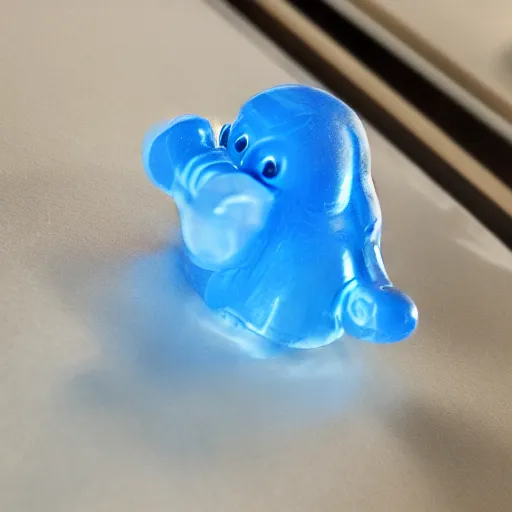 Prompt: a blue gummy bear is half melted