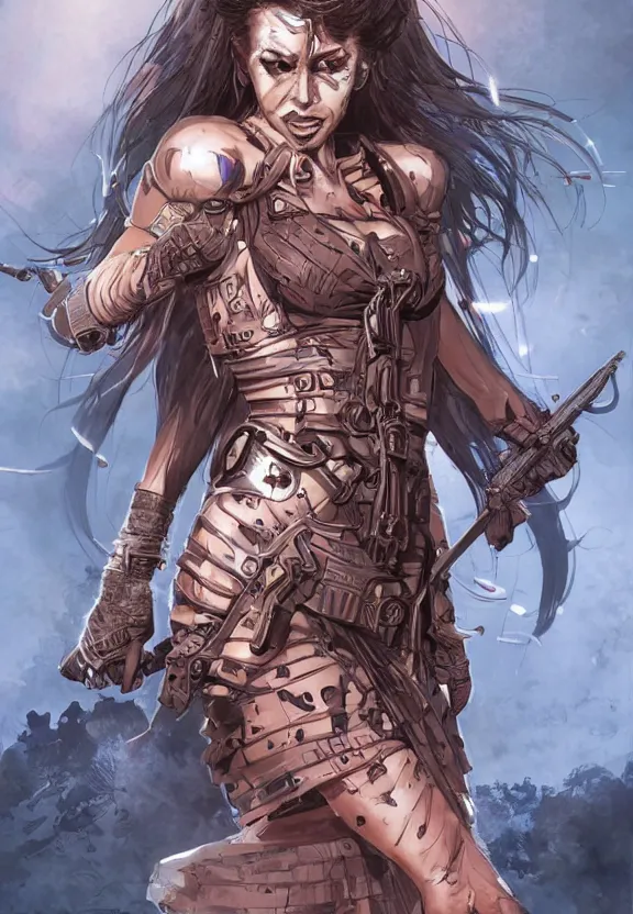 Image similar to mad warrior girl concept art, symmetrical, short dress, glowing eyes, fashion, rule of three, detailed body, full body, detailed face, ultradetailed digital illustration, 8 k, epic atmosphere, digital art by simon cowell and moebius
