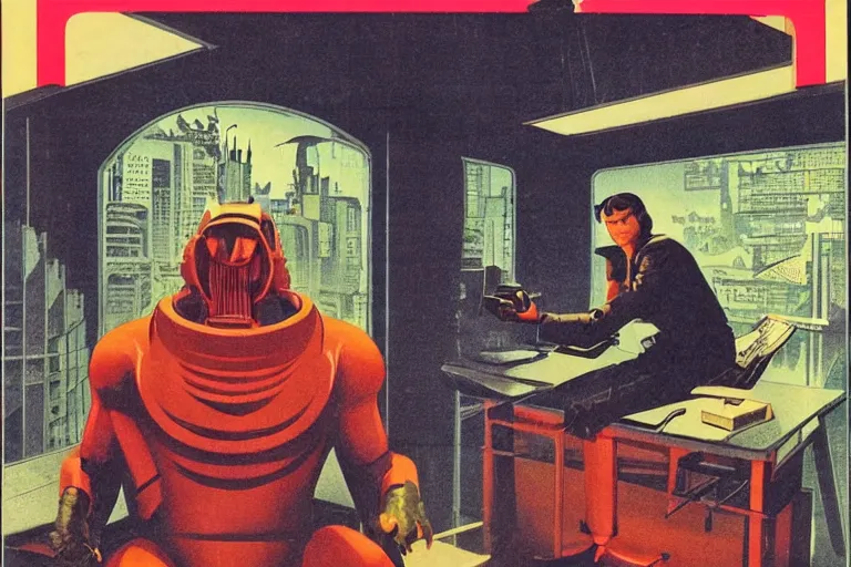 Prompt: 1979 Magazine Cover of a dragon figure at a desk with a large circular window to neo-Tokyo streets behind him. in cyberpunk style by Vincent Di Fate