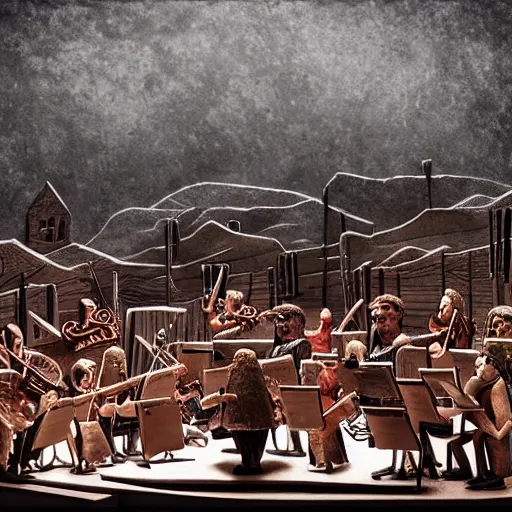 Image similar to the last orchestra, surrealistic detailed claymation art, dark, moody, foggy