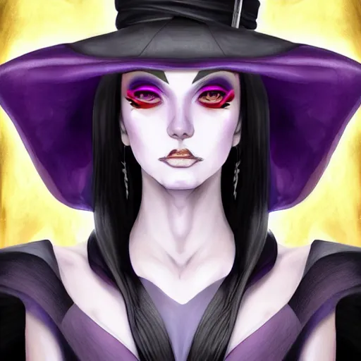 Prompt: Full-body Portrait of a female occult magician with dark purple hair, oversized witch hat, scars on face, character design, accentuated feminine features, well-endowed, realistic face, detailed face, symmetrical face, digital painting, anime visual style, game art, soft lighting, tonemapping, highly detailed, sharp focus, heavy contour lines, realism, vibrant colors, ArtStation, trending on ArtStation, DeviantArt, Zeronis