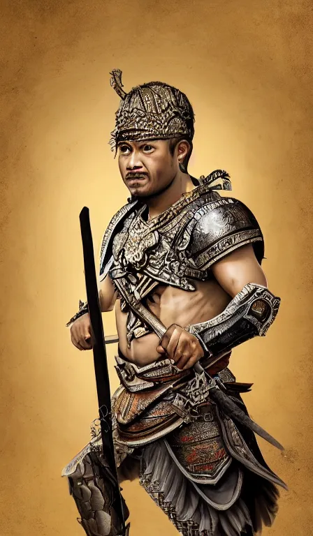 Image similar to a medium shot, studio photographic portrait of gatot kaca by David Silis, wielding a keris sword,javanese mythology,concept art,realistic,photorealistic,8k