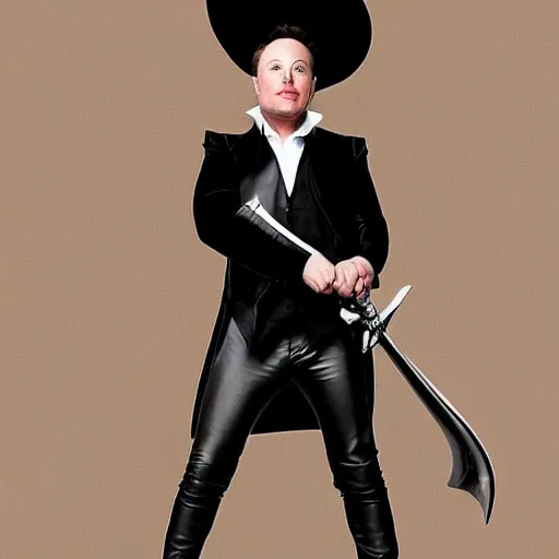 Image similar to full body photo of elon musk in the shape of a musketeer, he has a big black hat and holds a shiny sword