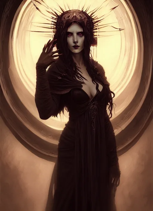 Image similar to a beautiful cinematic female Necromancer Sorceress goddess of death, fantasy magic, undercut hairstyle, dark light night, intricate, elegant, sharp focus, illustration, highly detailed, digital painting, concept art, matte, art by WLOP and Artgerm and Greg Rutkowski and Alphonse Mucha, masterpiece