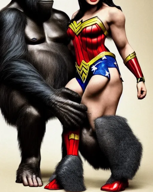 Image similar to Full body photos of a beautiful Chimpanzee dressed as Wonder Woman posing with Gorilla Grodd. Hyperreal, Trending on Artstation photography in the style of Annie Leibovitz