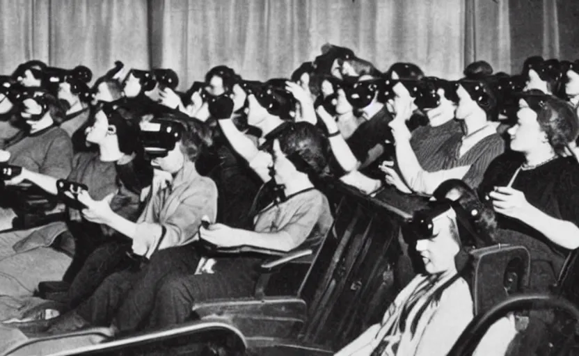 Image similar to 1 9 0 0 s photo of people using iphones ipods virtual reality headsets vr in a movie theater masterpiece