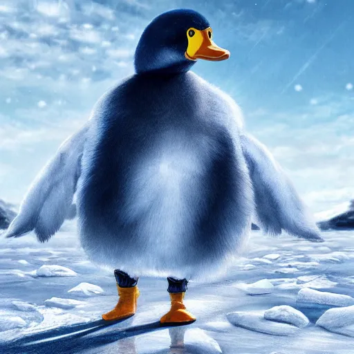 Prompt: Gigantic duck-like creature walking in Antarctica, artstation, digital art, realistic, detailed