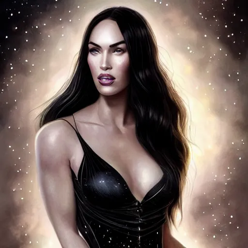 Prompt: portrait of megan fox wearing a black dress with galaxy lights and stars, sultry muscular body, fantasy, intricate, elegant, highly detailed, digital painting, artstation, concept art, matte, sharp focus, perfect face symmetry, illustration, art by aenaluck and roberto ferri and greg rutkowski, epic fantasy, digital painting