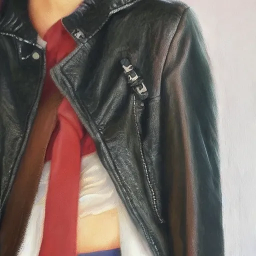 Image similar to perfect, realistic oil painting of close-up japanese young woman wearing leather jacket, in Final Fantasy