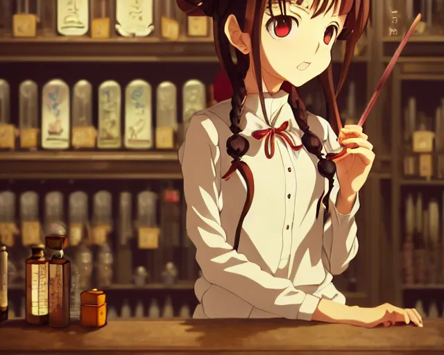 Image similar to anime visual, portrait of a young female traveler in a alchemist's potion shop interior, cute face by yoh yoshinari, katsura masakazu, cinematic luts, cold studio lighting, dynamic pose, dynamic perspective, strong silhouette, anime cels, ilya kuvshinov, cel shaded, crisp and sharp, rounded eyes