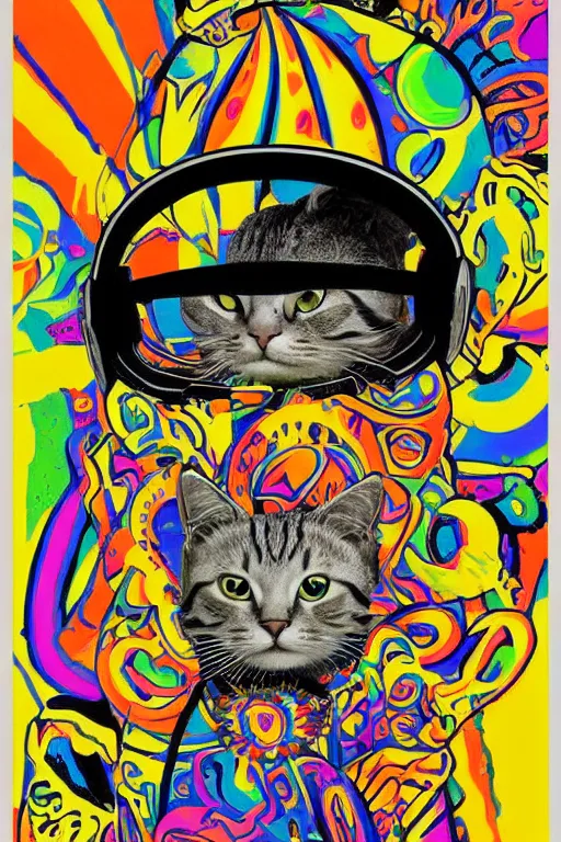 Prompt: cat in a VR helmet, 1969 psychedelic art poster, san francisco, hippie style, screen print poster