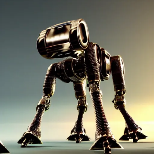 Image similar to 3 d rendered movie still pearlescent quadruped robots from saturn. the robots fight in epic outer space battles and have disco dance contests on saturn. science fiction, blockbuster movie, imax, 7 0 mm, 4 k, future, computer - animated science fiction film, space odyssey, bladerunner, silent running, wall - e