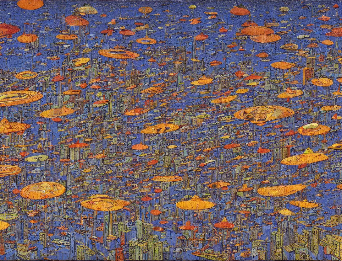 Image similar to ufos flying mysterious banners over the city, brutalist, by mati klarwein and moebius