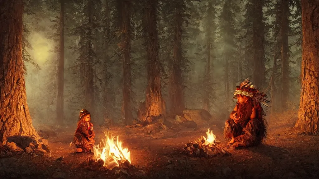 Image similar to highly detailed portrait of a grizzled indigenous child, sitting at a campfire, feathered headdress, traditional clothing, unreal engine, fantasy art by greg rutkowski, ferdinand knab, night, stars, aurora borealis, forest, global illumination, radiant light, detailed and intricate environment