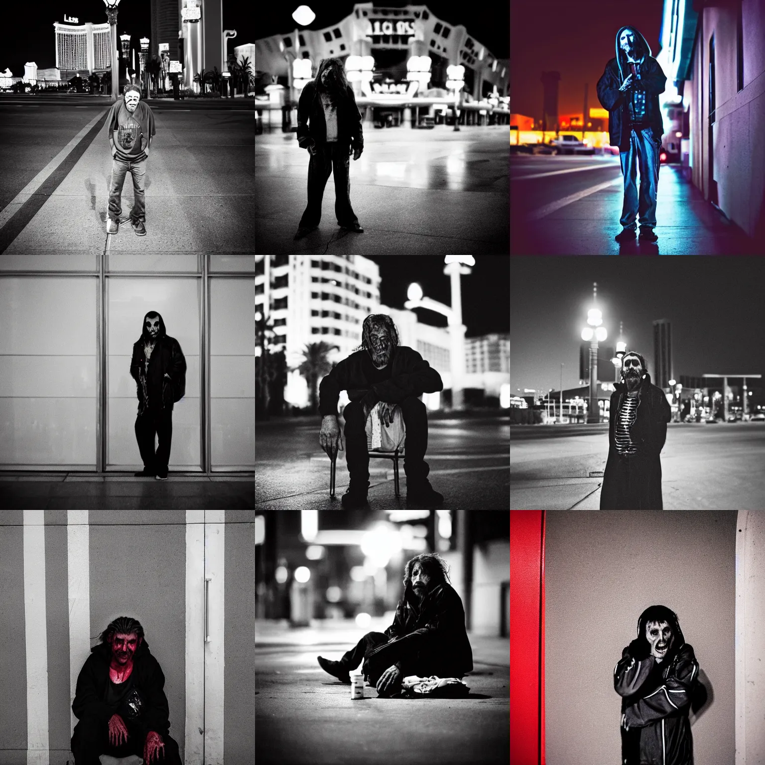 Prompt: portrait of homeless vampire in Las Vegas at night, blood, 35mm f1.8, color, behance, trending on instagram