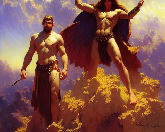 Image similar to attractive heroic male deity, casts magic, summoning handsome heroic lucifer morning star. highly detailed painting by gaston bussiere, craig mullins, j. c. leyendecker 8 k