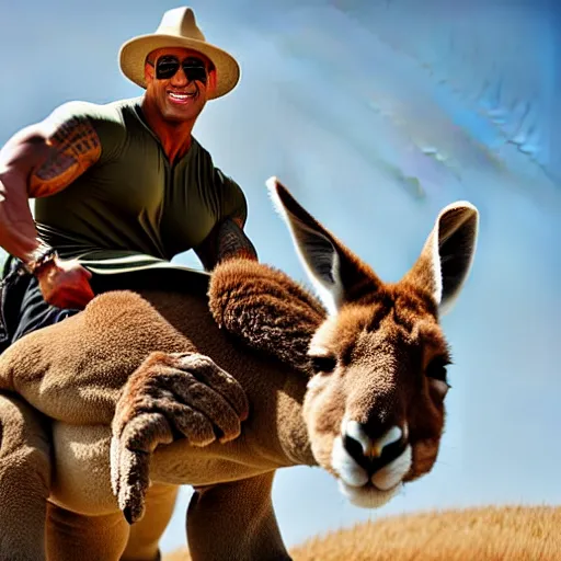 Prompt: dwayne johnson riding on the back of a kangaroo, he is wearing a safari outfit and a pith hat, studio photography, 8 k