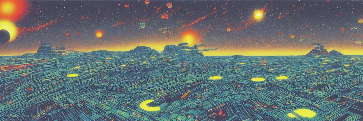 Prompt: a hyperrealistic rendering of a pop art scifi illustration panorama landscape pattern, deep color, futuristic, cyber by Peter Elson and Kawase Hasui, scifi superrealism