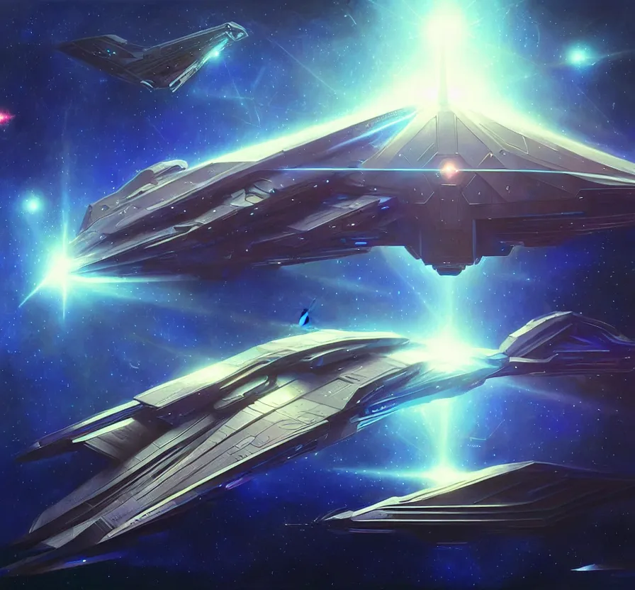 Image similar to realistic geometric spaceship with canons and energy lazers, sci - fi, technologi, constellation geometry space mandal background, breathtaking stars, elegant, highly detailed, digital painting, artstation, concept art, smooth, sharp focus, spiritual art, art by artgerm and greg rutkowski and alphonse mucha, psychedelic, illustration, painting oil,