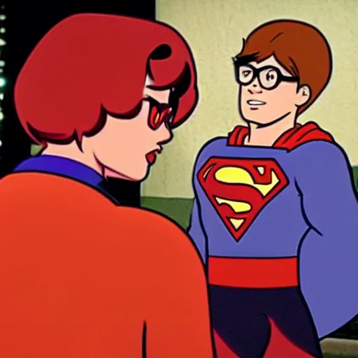 Prompt: Velma from Scooby-doo uppercuts Superman