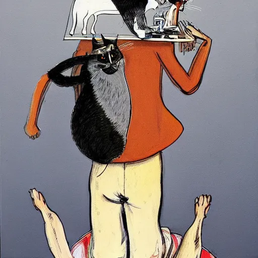 Image similar to a detailed painting of a man with a cat on his back by gerald scarfe and ralph steadman and pixar