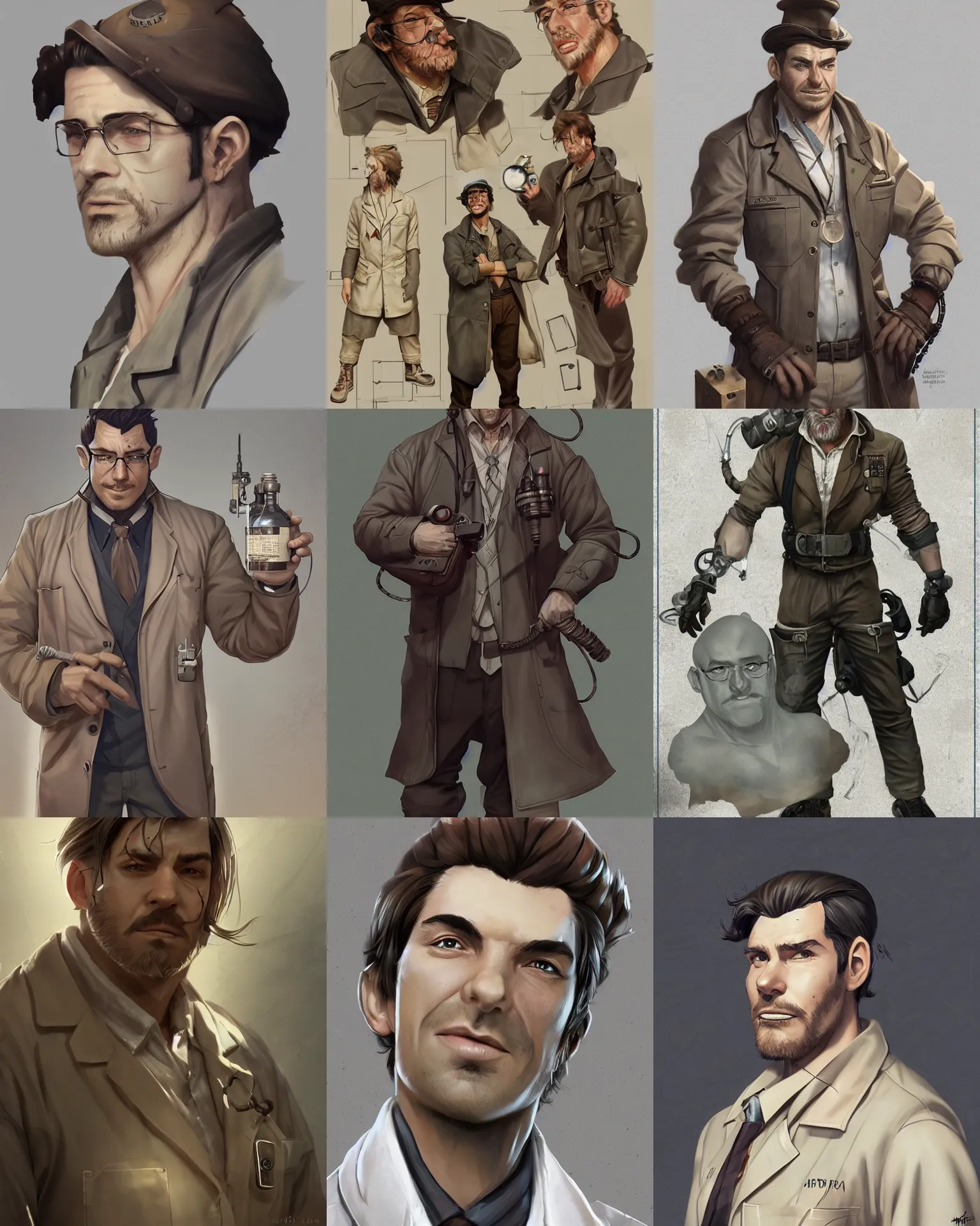 Prompt: A ruggedly handsome male dieselpunk scientist with a dad bod in a lab coat, stubble, visualartzi, dieselpunk, anime, concept art by Karla Ortiz, James Paick, Charlie Bowater, Krenz Cushart, highly detailed, ultra detailed, ultra realistic, trending on artstation, cgstudio