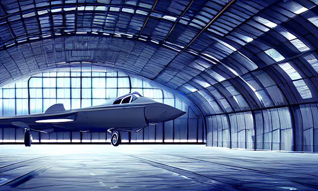 Image similar to matte painting, digital painting, high quality, a spaceship in hangar, symmetric, distant view