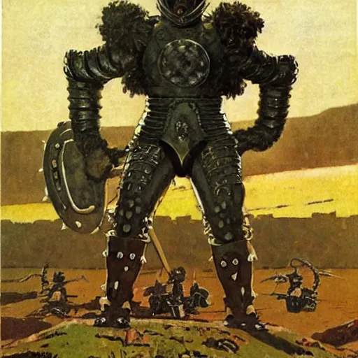 Image similar to giant haystacks in scifi warrior metal armour, by norman rockwell and boris vallejo