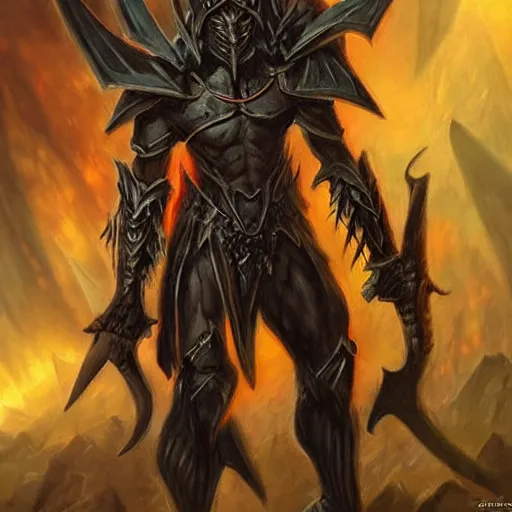 Image similar to “dnd dark elf, by paul bonner, red eyes, dark armor”