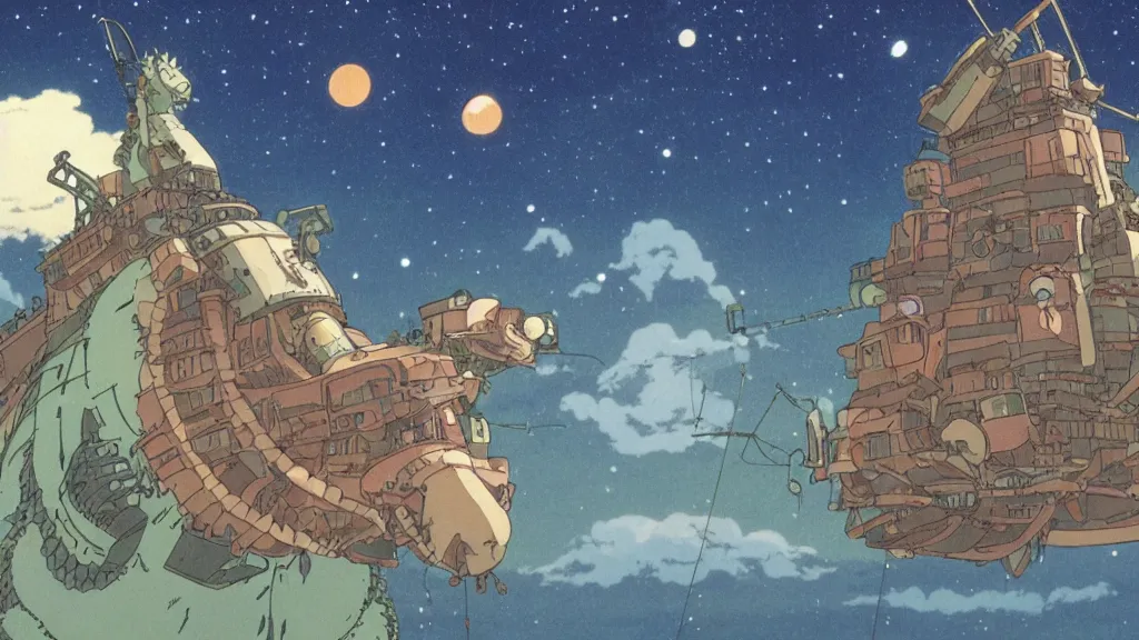 Prompt: a movie still from a studio ghibli film showing a giant mechanized crocodile from howl's moving castle ( 2 0 0 4 ). a pyramid is under construction in the background, in the rainforest on a misty and starry night. a ufo is in the sky. by studio ghibli