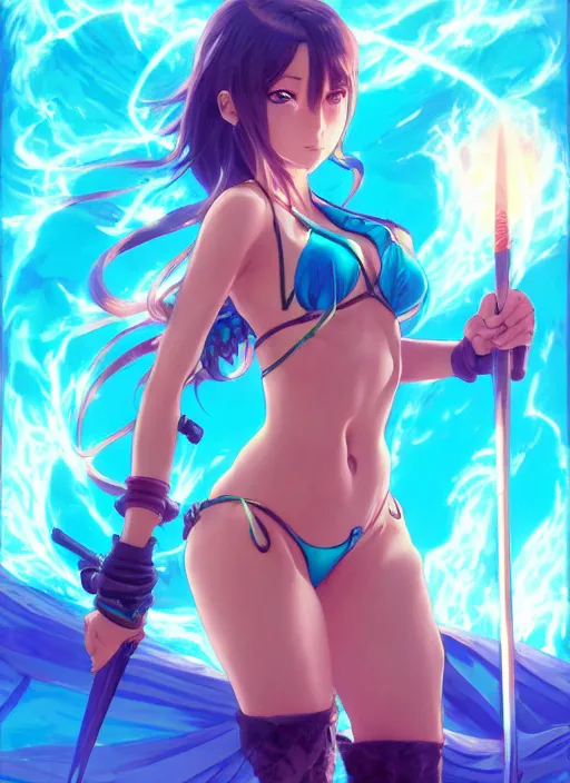 Prompt: Anime in Bikini with Battleaxe glowing emanating teal energy, dungeons and dragons portrait, highly detailed, digital painting, artstation, concept art, sharp focus, illustration, art by artgerm and greg rutkowski and alphonse mucha, Unreal Engine, 8k, HD