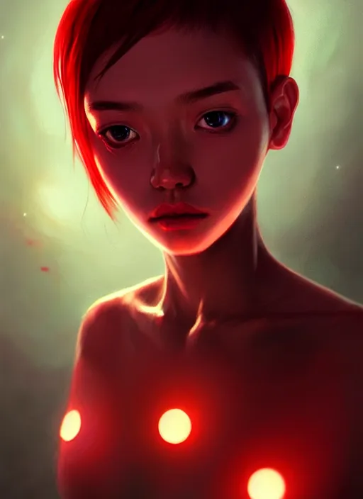 Image similar to portrait of alien girl kawaii, red short hair, jock, beefy, wide face, square jaw, square facial structure, intricate, elegant, glowing lights, highly detailed, digital painting, artstation, concept art, sharp focus, illustration, art by wlop, mars ravelo and greg rutkowski