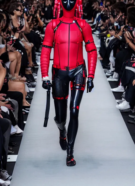 Image similar to hyperrealistic and heavy detailed balenciaga runway show of deadpool, leica sl 2 5 0 mm, vivid color, high quality, high textured, real life