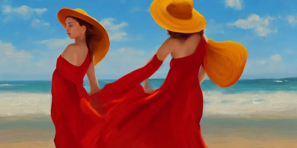 Image similar to beautiful oil matte portrait painting, young woman with red dress and mustard yellow summer hat at a beach on a sunny day, wonderful masterpiece highly detailed, beautiful cinematic light deep focus, elegant, digital painting, smooth, sharp focus, golden ratio, dramatic illumination, ultra realistic, 8 k, art by jimmy law