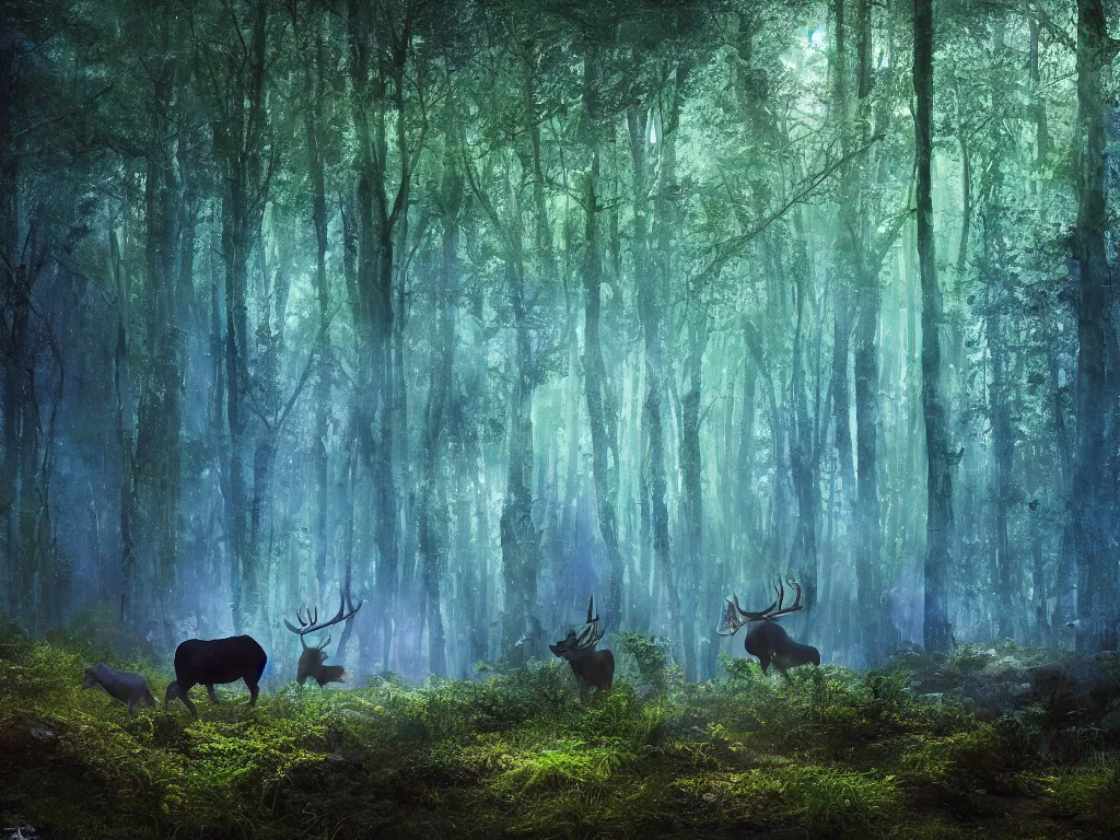 Prompt: a fantasy beautiful dense biorelevant rainforest setting, ultrawide angle, a large blue glowing elk herd with light illuminating from within, cinematic lighting, extremely emotional, extremely dramatic, surround it with pixie dust ether floating in the air, hdr, epic scale, cmyk, deep spectrum color