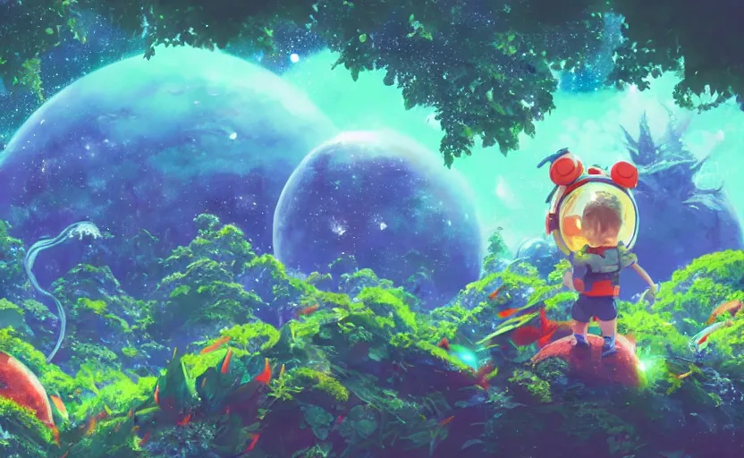 Image similar to a still of a cute adorable tiny astronaut, on a planet of lush colorful foliage, with an enormous kaiju space dragon surrounding the full background, magical forest, sharp focus, neon backlit, highly detailed, disney pixar studio ghibli makoto shinkai, digital painting, matte, octane render, global illumination, iridescent, anime, 8 k concept art