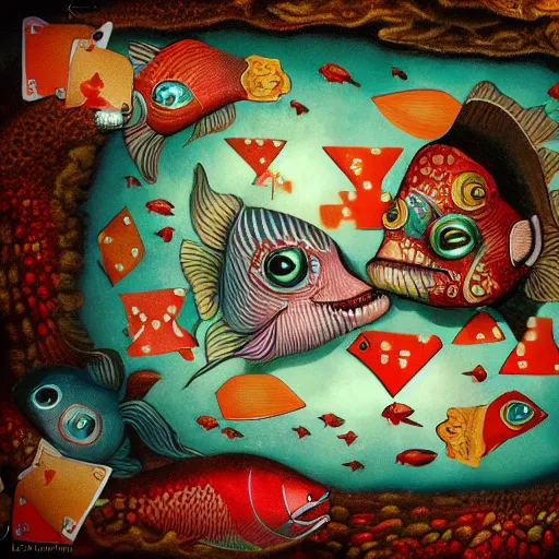 Prompt: two fishes playing cards at the bottom of the sea, lowbrow surrealistic, in the style of mark ryden,