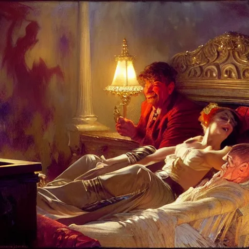Image similar to rip taylor is in his bed, nervous and terrified, because a ghost is throwing confetti from a bucket at him. highly detailed painting by gaston bussiere, j. c. leyendecker, greg rutkowski, craig mullins 8 k