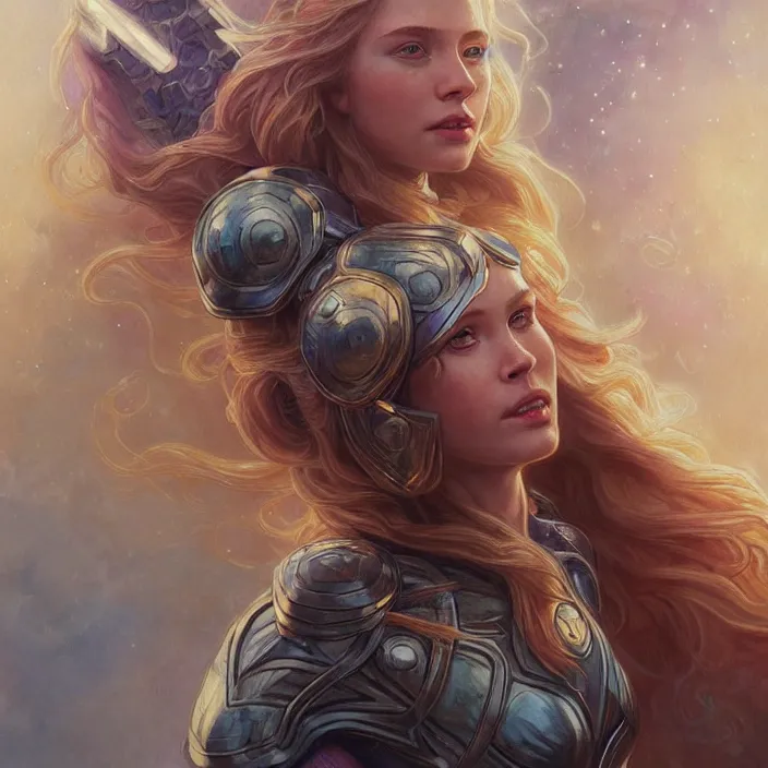 Image similar to beautiful female thor with sparkling eyes, summoning stormbreaker, highly detailed, gold filigree, fantasy, soft cinematic lighting, award, disney concept art, watercolor illustration by mandy jurgens and alphonse mucha and alena aenami, pastel color palette, featured on artstation