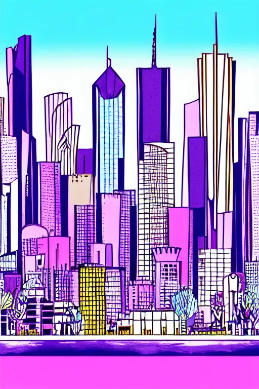 Image similar to frankfurt skyline, illustration, in the style of katinka reinke