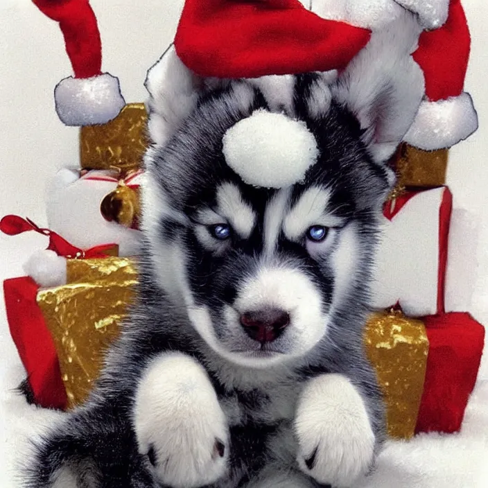 Image similar to cute husky puppy wearing a christmas hat by satoshi kon